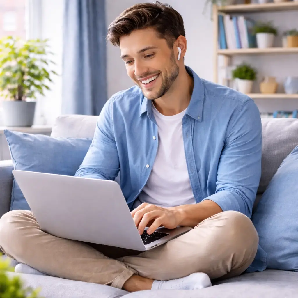 Man using laptop on couch.